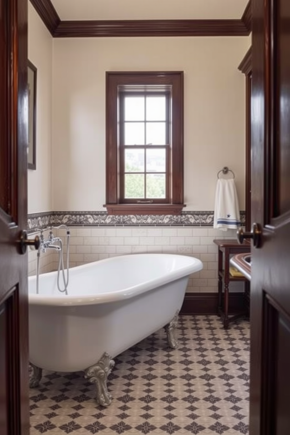 A traditional washstand made of dark wood is the focal point of the Victorian bathroom. It features a white porcelain sink and intricate carvings, complemented by a vintage-style mirror above it. The walls are adorned with floral wallpaper in soft pastel colors, enhancing the classic aesthetic. A clawfoot bathtub sits elegantly in the corner, surrounded by decorative candles and plush towels for a luxurious touch.