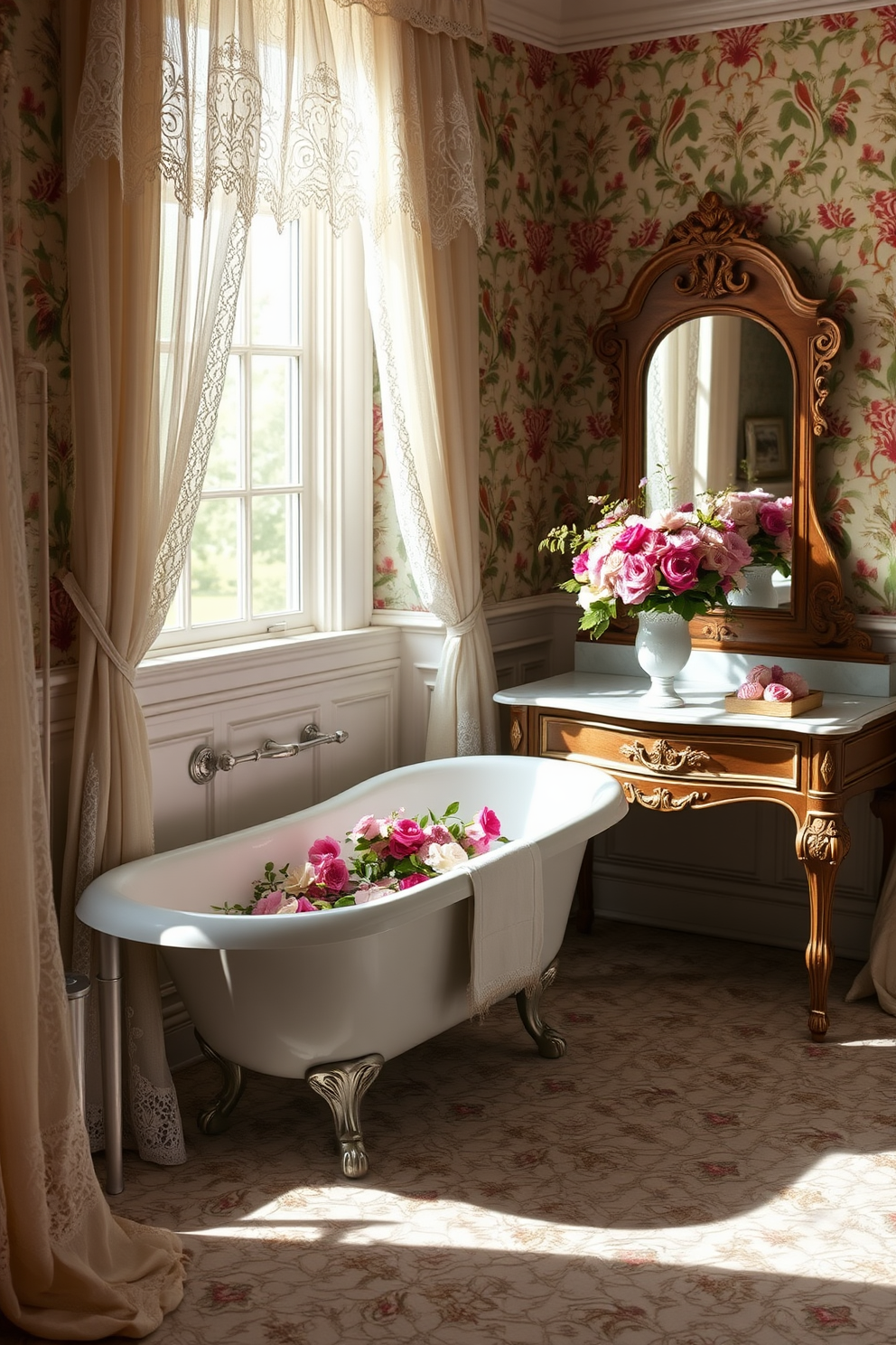 Create a Victorian bathroom setting that showcases elegant floral arrangements. Incorporate a clawfoot bathtub adorned with fresh blooms, surrounded by intricate wallpaper featuring botanical patterns. Include a vintage wooden vanity with ornate details, topped with a delicate vase filled with seasonal flowers. Enhance the ambiance with soft, natural light filtering through lace curtains, highlighting the rich colors and textures of the space.