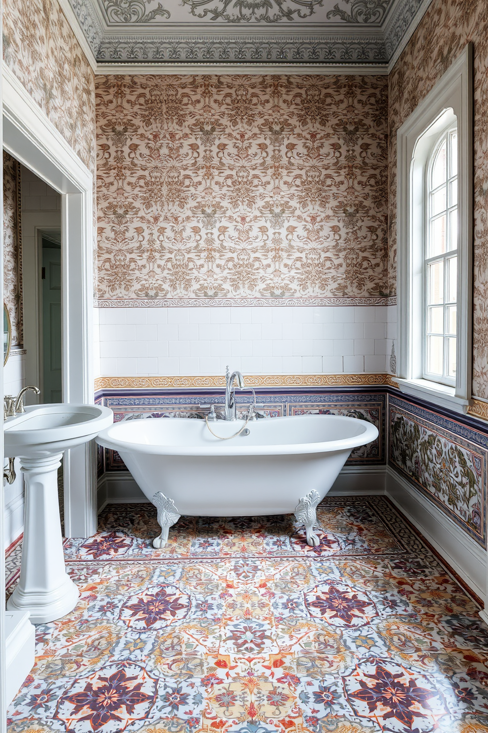 A Victorian bathroom featuring intricate tile work that adds visual interest. The walls are adorned with ornate wallpaper and the floor showcases a stunning mosaic of colorful tiles.