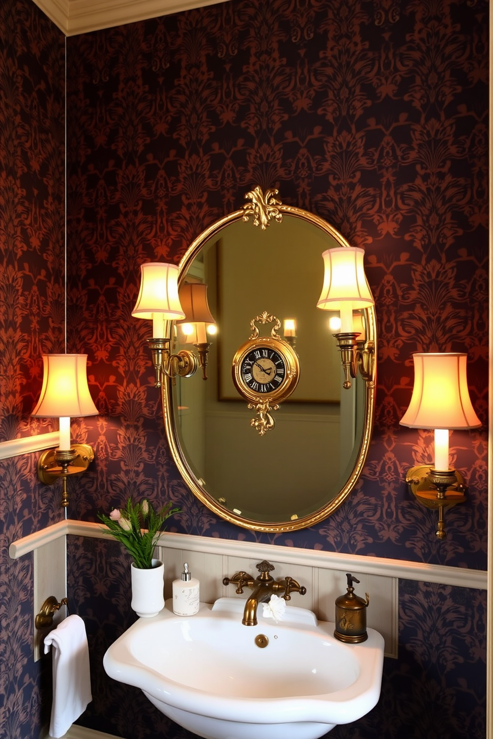 A Victorian bathroom featuring an ornate clawfoot bathtub positioned beneath a large arched window. The room is adorned with intricate wallpaper in soft pastel colors and vintage rugs that add warmth and color to the space. A wooden vanity with a marble top sits opposite the bathtub, complemented by antique brass fixtures. Elegant sconces illuminate the room, casting a warm glow over the rich, dark wood accents and decorative elements.