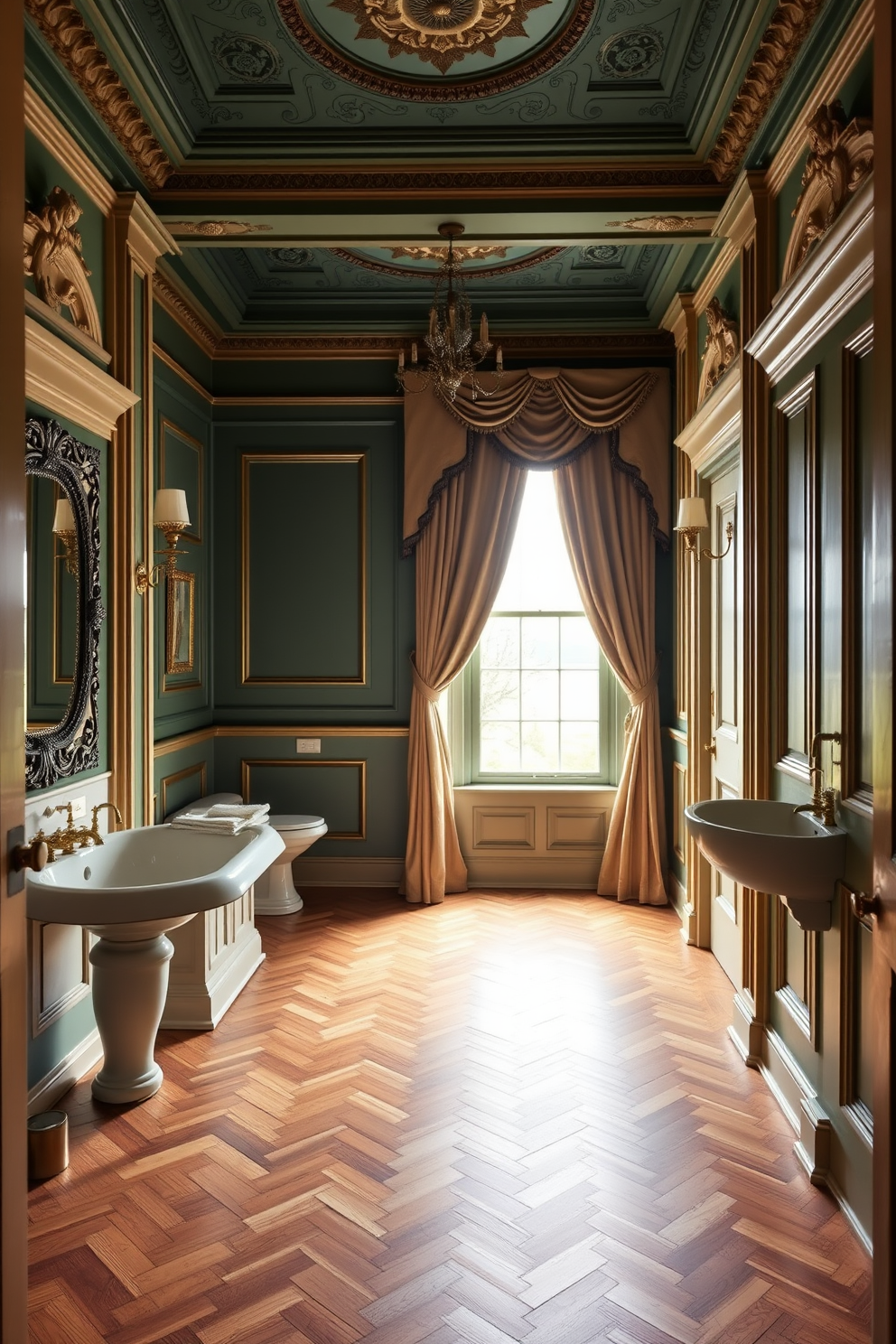 A luxurious Victorian bathroom featuring herringbone wood flooring that adds warmth and elegance to the space. The room is adorned with intricate moldings and vintage fixtures, creating a timeless atmosphere. The freestanding clawfoot bathtub is positioned near a large window, allowing natural light to flood the room. Elegant drapery frames the window, complementing the rich color palette of deep greens and gold accents.