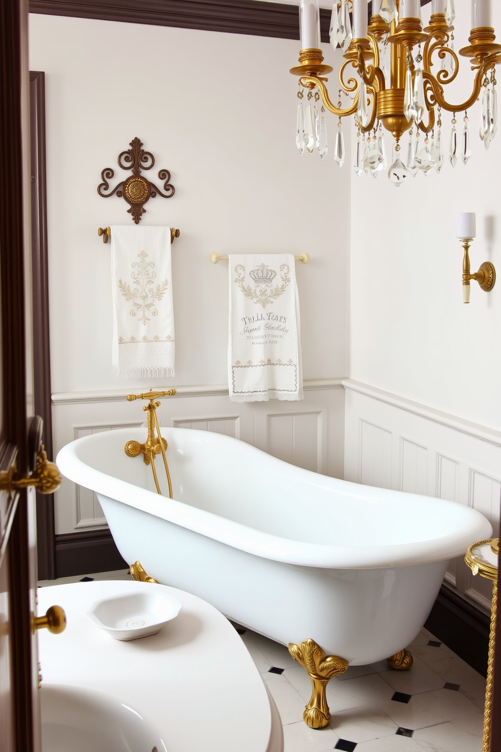 A Victorian bathroom featuring ornate bath accessories such as a vintage clawfoot tub with intricate gold fixtures. The space is adorned with decorative elements like a porcelain soap dish, an embroidered towel set, and a crystal chandelier that adds elegance to the overall design.