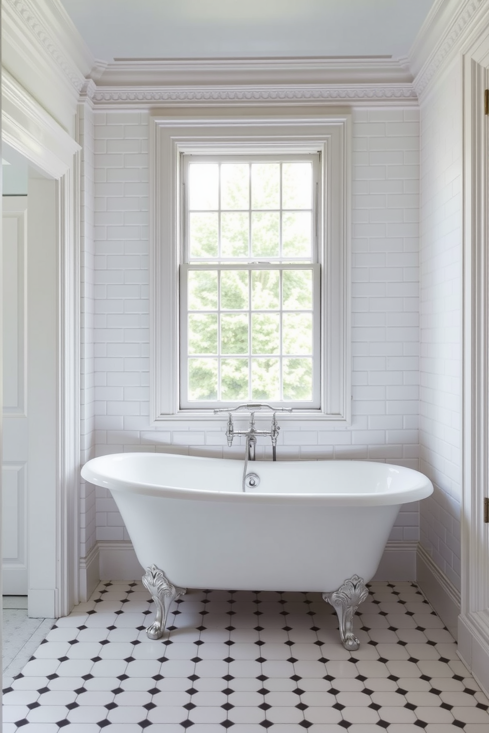 A Victorian bathroom featuring classic white subway tiles that create a timeless backdrop. The room is adorned with intricate moldings and a freestanding clawfoot bathtub positioned under a large window.