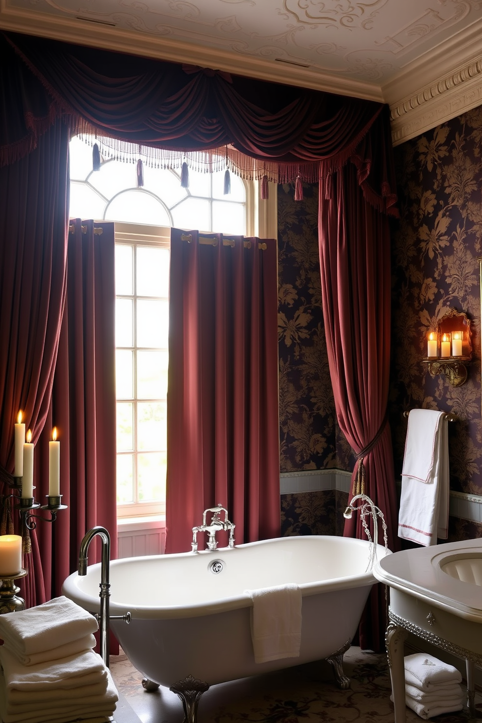 Luxurious drapery cascades from the ceiling in rich velvet fabric, adding a touch of opulence to the Victorian bathroom. The drapes are adorned with intricate tassels and tiebacks, framing a large window that allows natural light to filter through softly. The bathroom features a freestanding clawfoot tub, surrounded by elegant candle holders and plush towels. Ornate wallpaper in a deep floral pattern complements the vintage fixtures, creating a harmonious and sophisticated atmosphere.