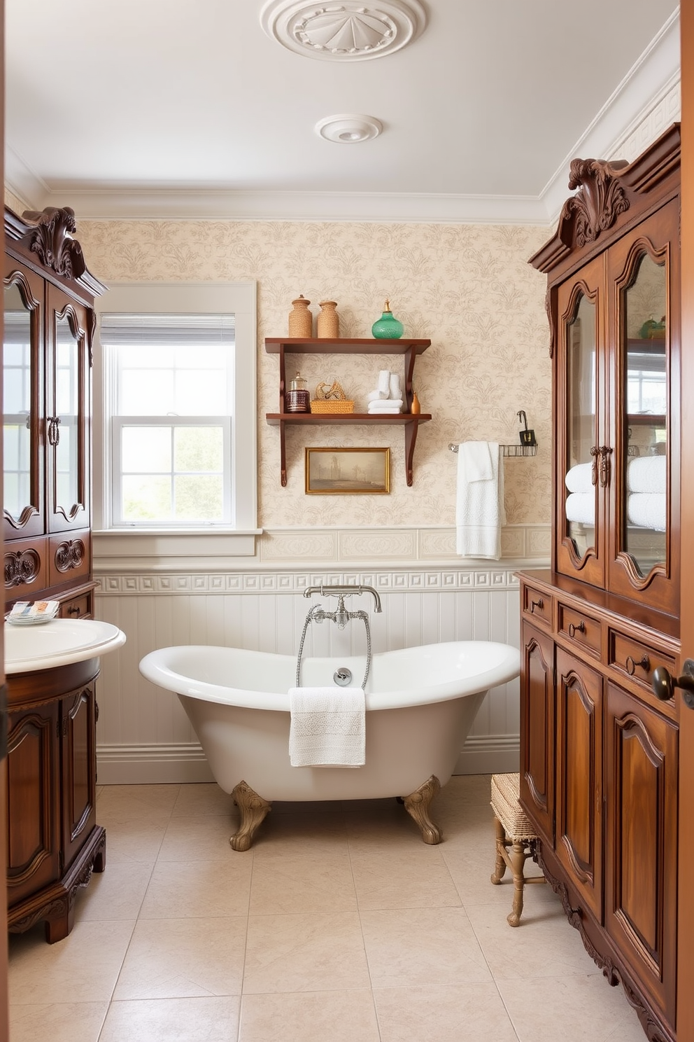 A Victorian bathroom exuding timeless elegance with a soothing color palette of soft creams and muted pastels. Intricate moldings frame the windows, while a clawfoot bathtub sits gracefully in the center, surrounded by delicate floral wallpaper. The vanity features a vintage-inspired wooden design with a polished marble top, complemented by antique brass fixtures. Elegant sconces cast a warm glow, highlighting the ornate details of the space and creating a harmonious atmosphere.