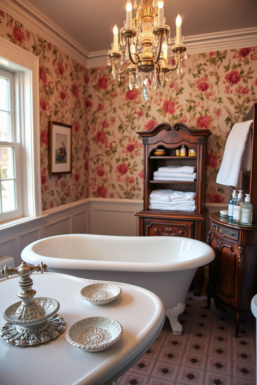 A Victorian bathroom setting featuring decorative soap dishes with intricate designs. The walls are adorned with floral wallpaper, and a clawfoot bathtub sits elegantly in the center of the room. A vintage wooden cabinet holds neatly arranged towels and toiletries. Soft lighting from an ornate chandelier casts a warm glow over the space, highlighting the luxurious details.