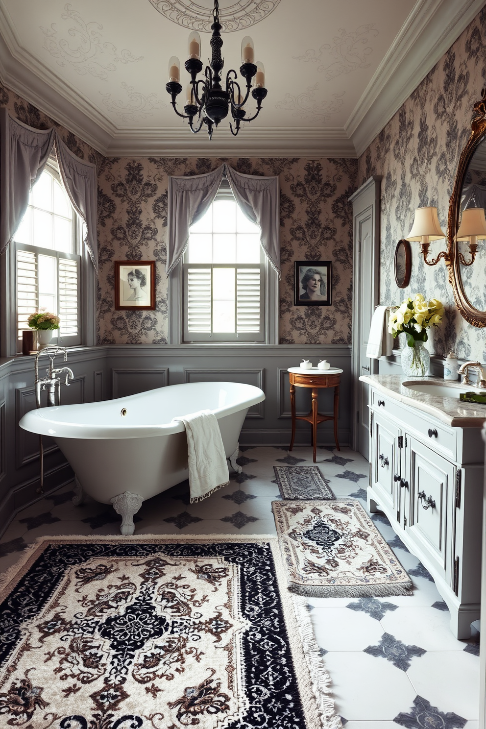 A luxurious Victorian bathroom featuring natural stone countertops that exude durability and elegance. The space is adorned with intricate moldings, a clawfoot bathtub, and vintage fixtures that enhance the classic aesthetic. The walls are painted in a soft pastel hue, complemented by ornate wallpaper with floral patterns. Elegant sconces provide warm lighting, while plush towels and decorative accents complete the sophisticated look.