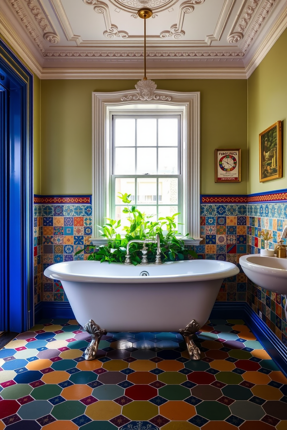 A vibrant Victorian bathroom featuring colorful ceramic tiles that create a playful and lively atmosphere. The walls are adorned with intricate moldings, and a freestanding clawfoot bathtub sits elegantly in the center, surrounded by lush greenery.