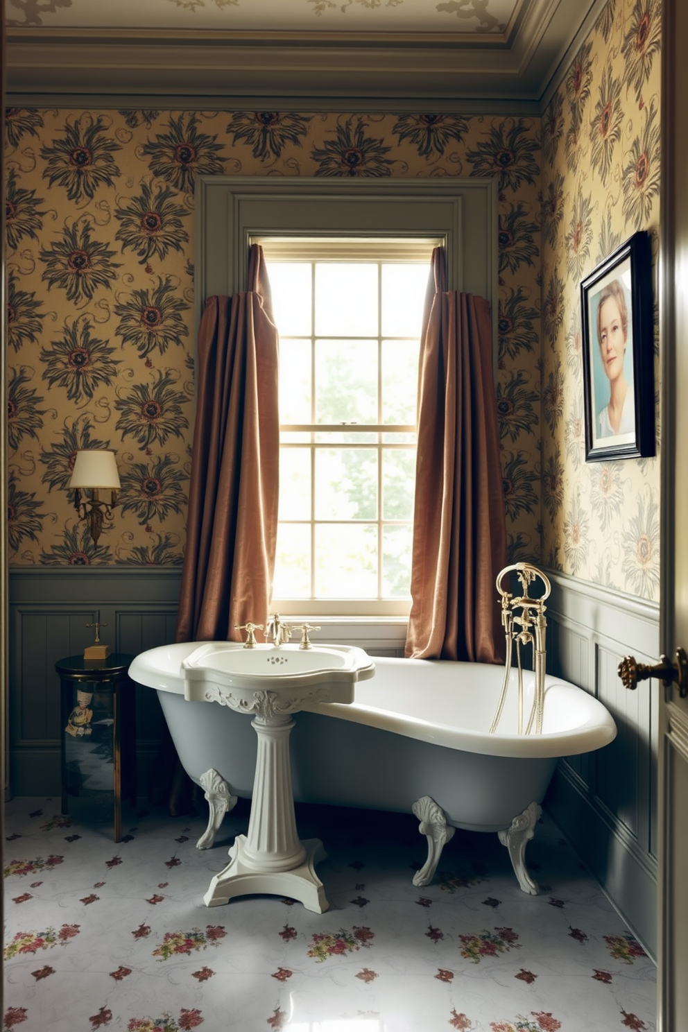 A vintage Victorian bathroom featuring a high tank toilet that adds a touch of charm. The walls are adorned with intricate wallpaper in soft pastel hues and the floor is covered with classic black and white checkered tiles. Antique brass fixtures complement the elegant clawfoot bathtub positioned beneath a large window. A gilded mirror above the sink reflects the ambient light from a vintage chandelier hanging from the ceiling.