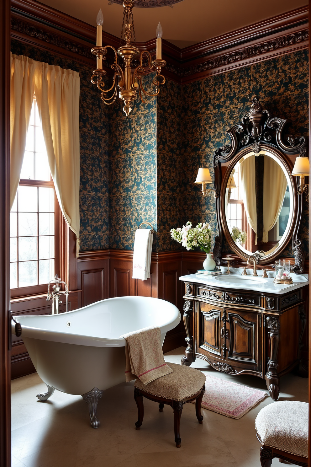 A Victorian bathroom featuring elegant antique furniture creates a cohesive and timeless atmosphere. The room is adorned with a clawfoot bathtub, intricately carved wooden accents, and vintage light fixtures that enhance the classic charm. Richly patterned wallpaper in deep hues complements the ornate vanity with a marble top, while a large oval mirror adds sophistication. Plush towels and decorative accessories in coordinating colors complete the luxurious feel of this exquisite space.