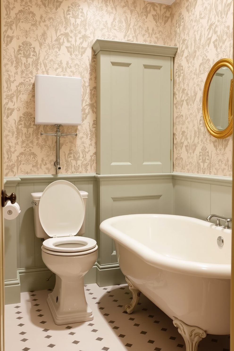 A charming Victorian bathroom featuring a high tank toilet with a classic pull chain. The walls are adorned with intricate wallpaper in soft pastel shades, complemented by a freestanding clawfoot bathtub nearby.