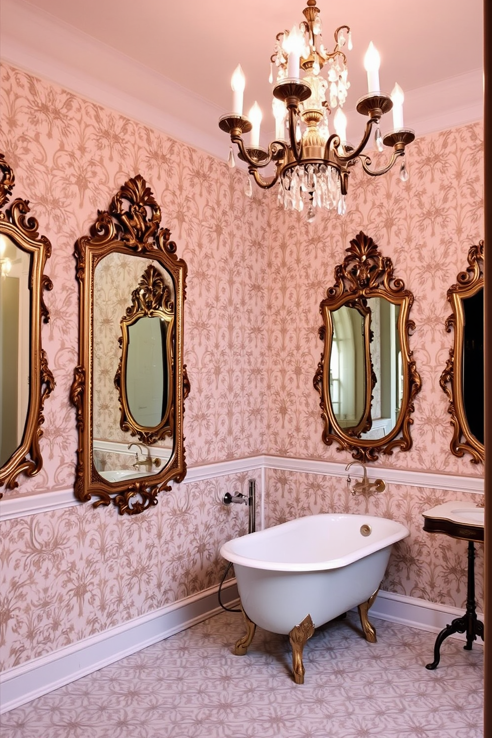 Antique mirrors with ornate decorative frames adorn the walls of a luxurious Victorian bathroom. The space features a clawfoot bathtub surrounded by intricate wallpaper and a vintage chandelier overhead, creating an elegant and timeless atmosphere.