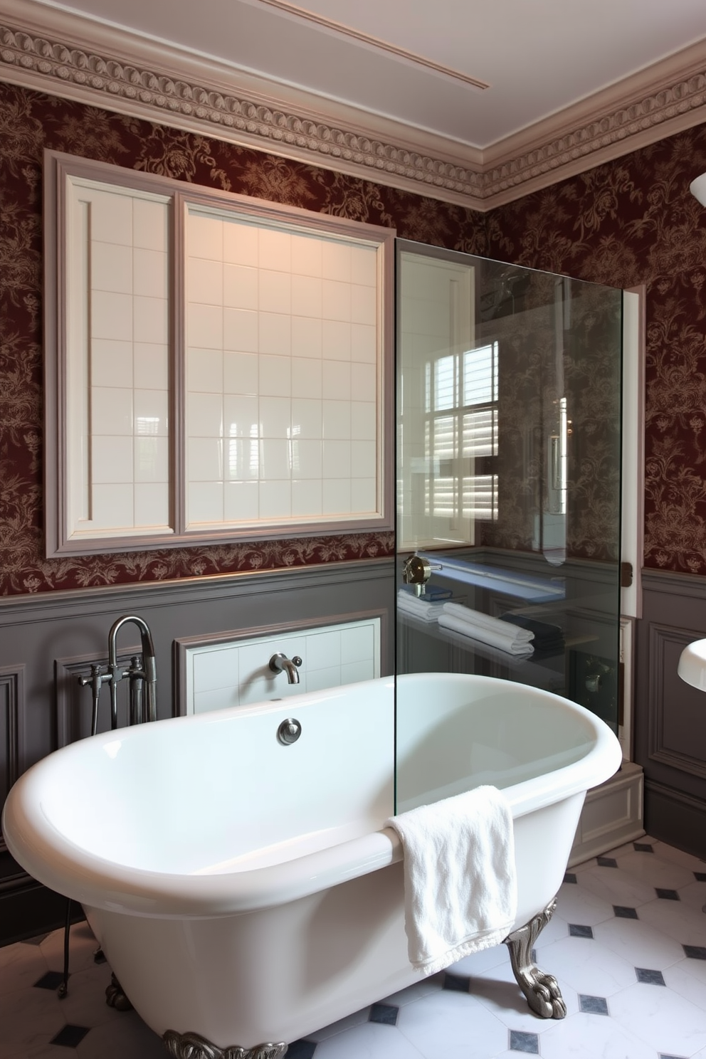 A luxurious Victorian bathroom featuring a freestanding shower with a sleek glass enclosure. The space is adorned with intricate moldings and vintage fixtures, complemented by a clawfoot bathtub and elegant wallpaper in rich tones.