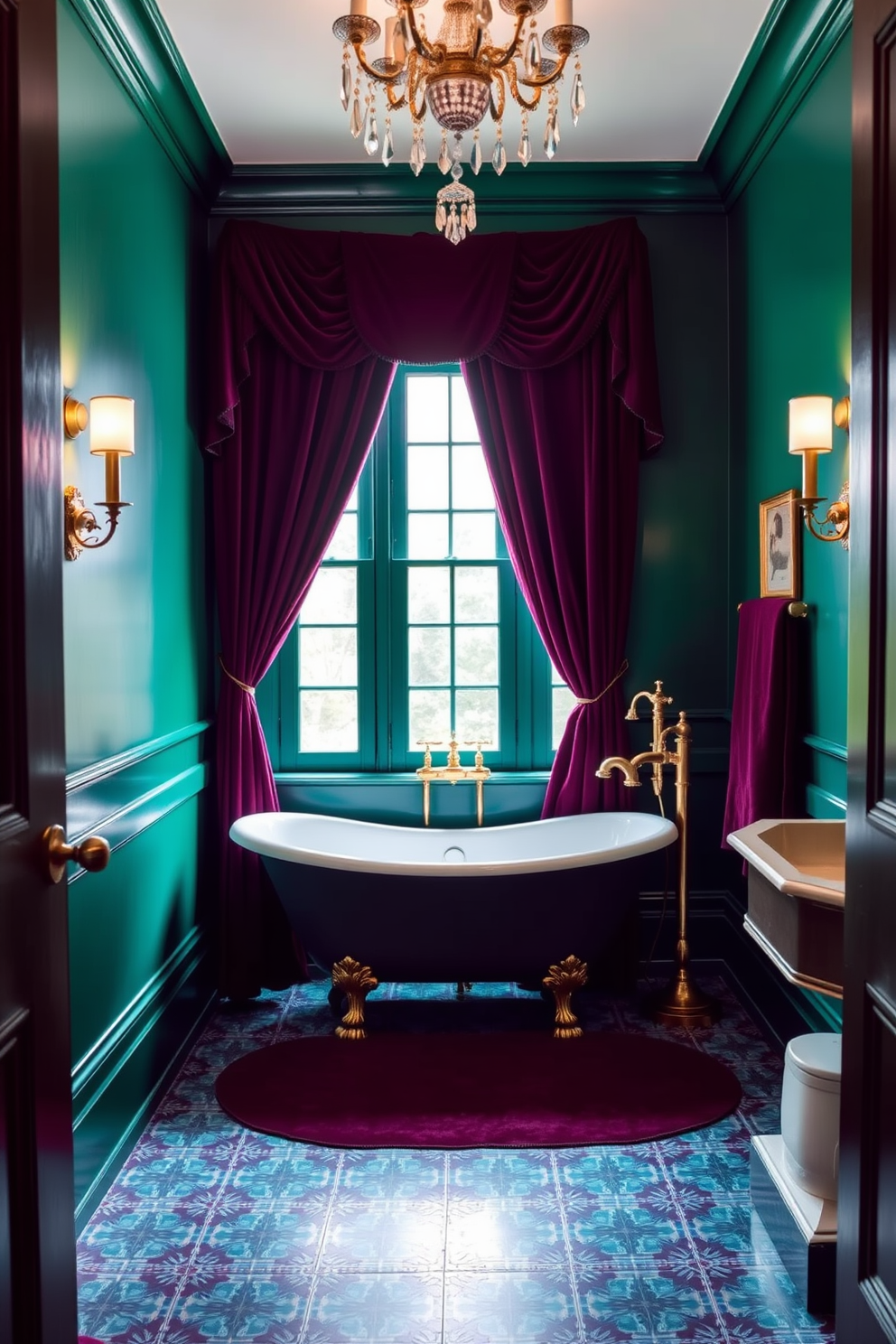 A Victorian bathroom adorned with rich jewel tones creates an atmosphere of opulence and warmth. The walls are painted in deep emerald green, complemented by a plush burgundy velvet curtain framing a large window. A clawfoot bathtub sits elegantly in the center, surrounded by ornate gold fixtures and a vintage-style freestanding faucet. Intricate tile work in shades of sapphire and amethyst accents the floor, while a crystal chandelier hangs above, casting a soft glow throughout the space.