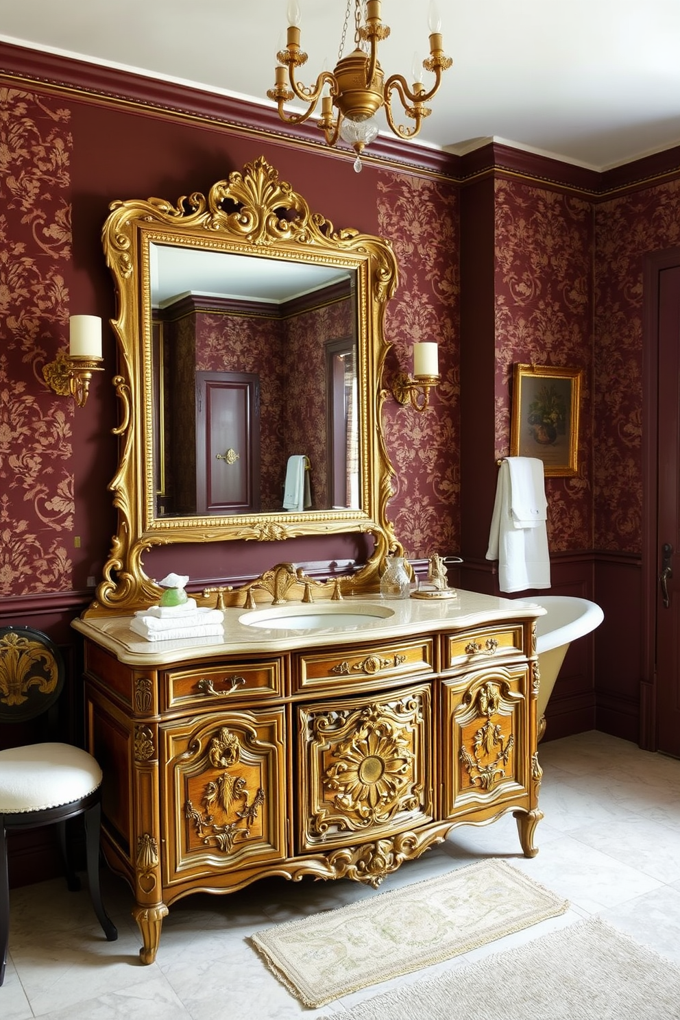 An ornate vanity with intricate antique finishes serves as the focal point of the Victorian bathroom. The vanity is adorned with a large, opulent mirror framed in gold, reflecting the elegance of the space. Rich, deep colors dominate the walls, complemented by luxurious wallpaper featuring floral patterns. A clawfoot bathtub sits elegantly in the corner, surrounded by plush textiles and vintage accessories.