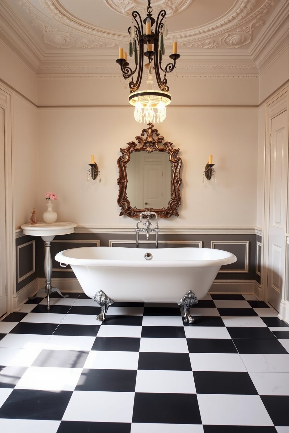 A Victorian bathroom featuring elegant checkerboard flooring in black and white. The room includes a freestanding clawfoot bathtub with ornate chrome fixtures and a vintage chandelier hanging overhead.