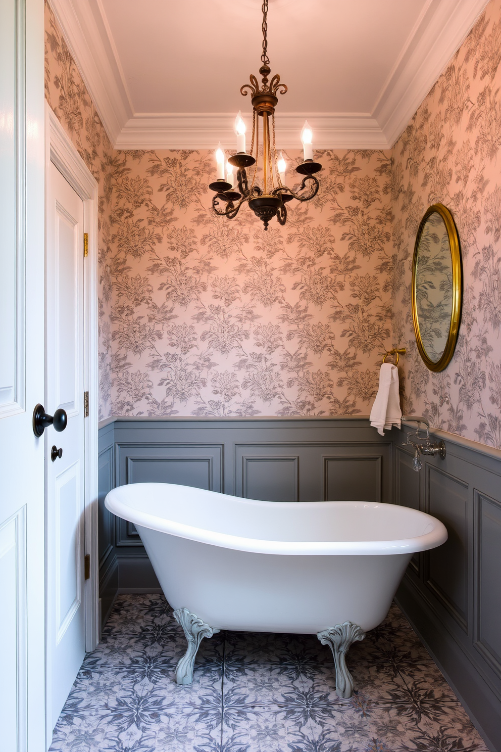 Elegant clawfoot tub with vintage accents. The powder room features intricate wallpaper with floral patterns and an antique chandelier hanging from the ceiling.