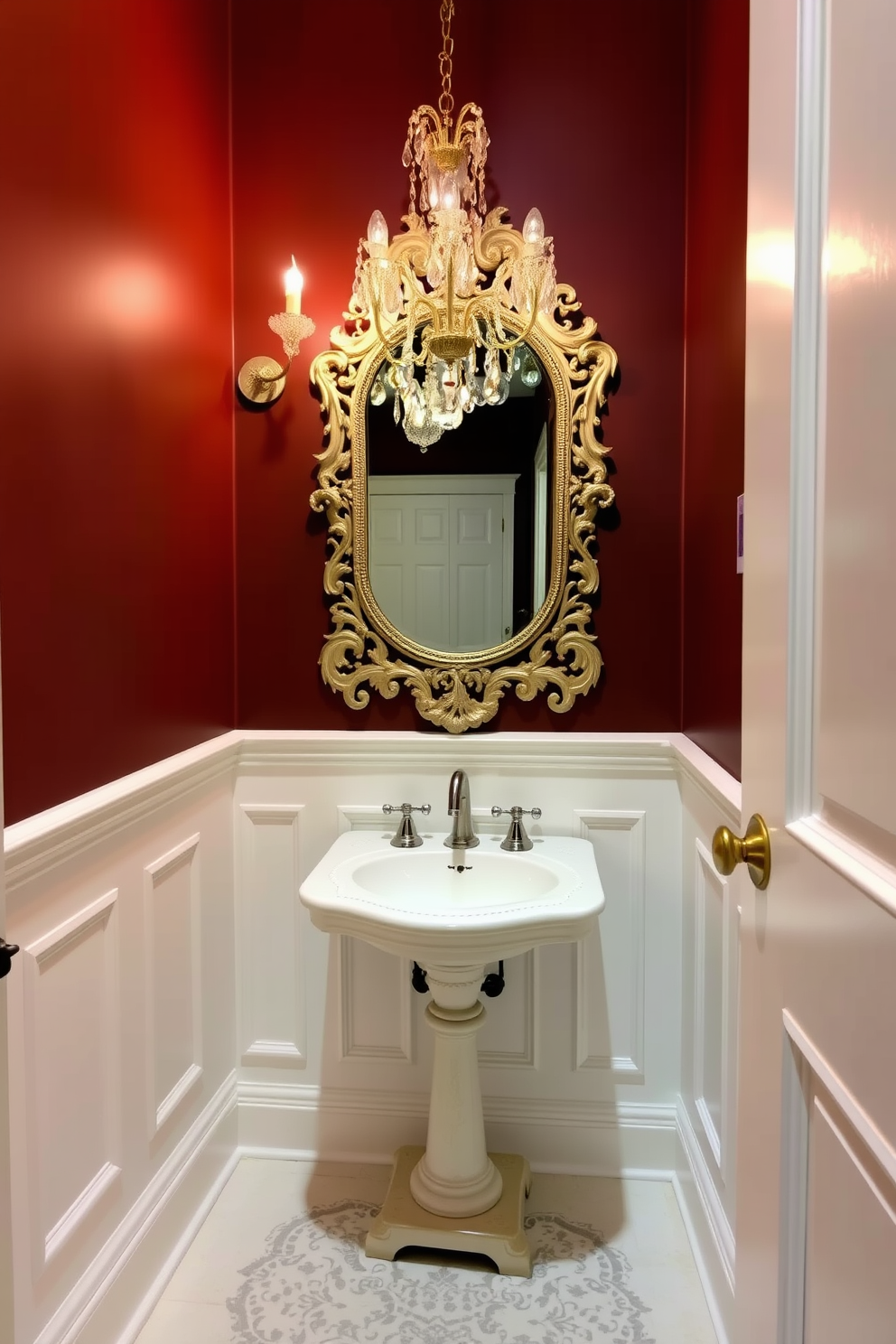 Classic white wainscoting lines the lower half of the walls in a Victorian powder room, creating a timeless elegance. The upper walls are painted in a deep, rich color that complements the ornate details of the space. A vintage pedestal sink with chrome fixtures sits against one wall, adorned with a delicate lace tablecloth underneath. An antique mirror with an intricately carved frame hangs above the sink, reflecting the soft glow of a crystal chandelier overhead.