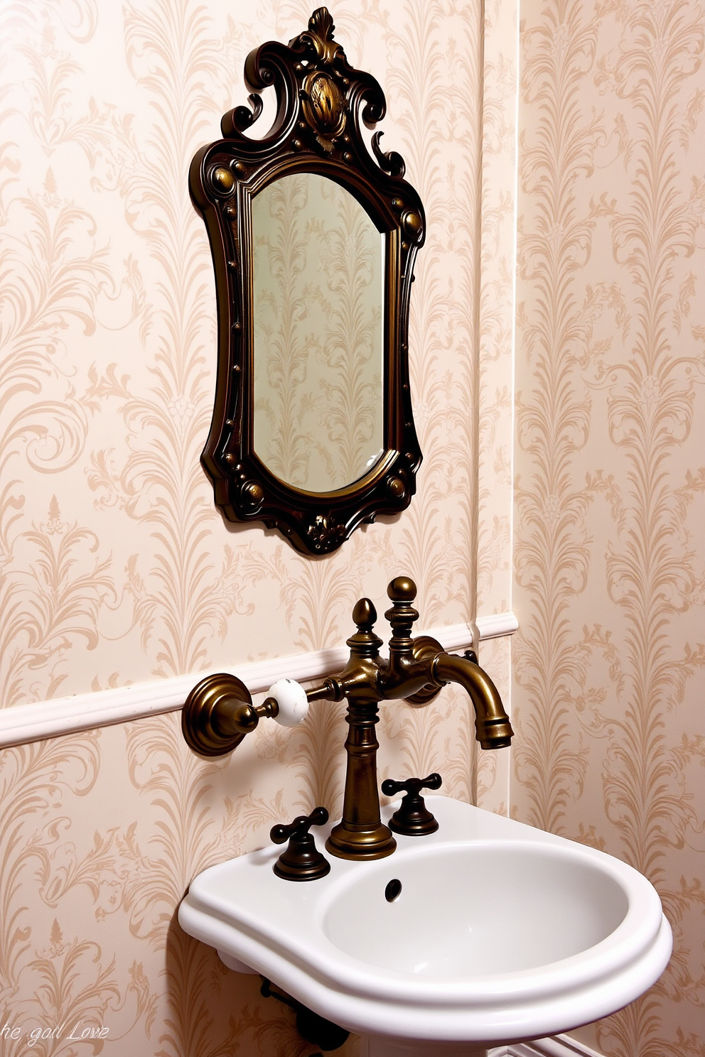 A charming Victorian powder room featuring a vintage-style faucet adorned with elegant porcelain handles. The walls are decorated with intricate wallpaper in soft pastel colors, and a small antique mirror hangs above a classic pedestal sink.