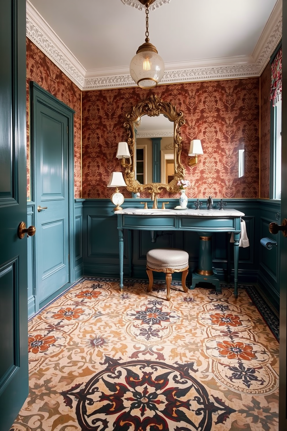 Artistic tile floors with intricate designs create a stunning focal point in a Victorian powder room. The combination of rich colors and detailed patterns adds a layer of elegance and sophistication to the space. Complement the artistic tiles with vintage fixtures and ornate mirrors that reflect the grandeur of the Victorian era. Soft lighting and plush textiles can enhance the overall ambiance, making the powder room both functional and inviting.