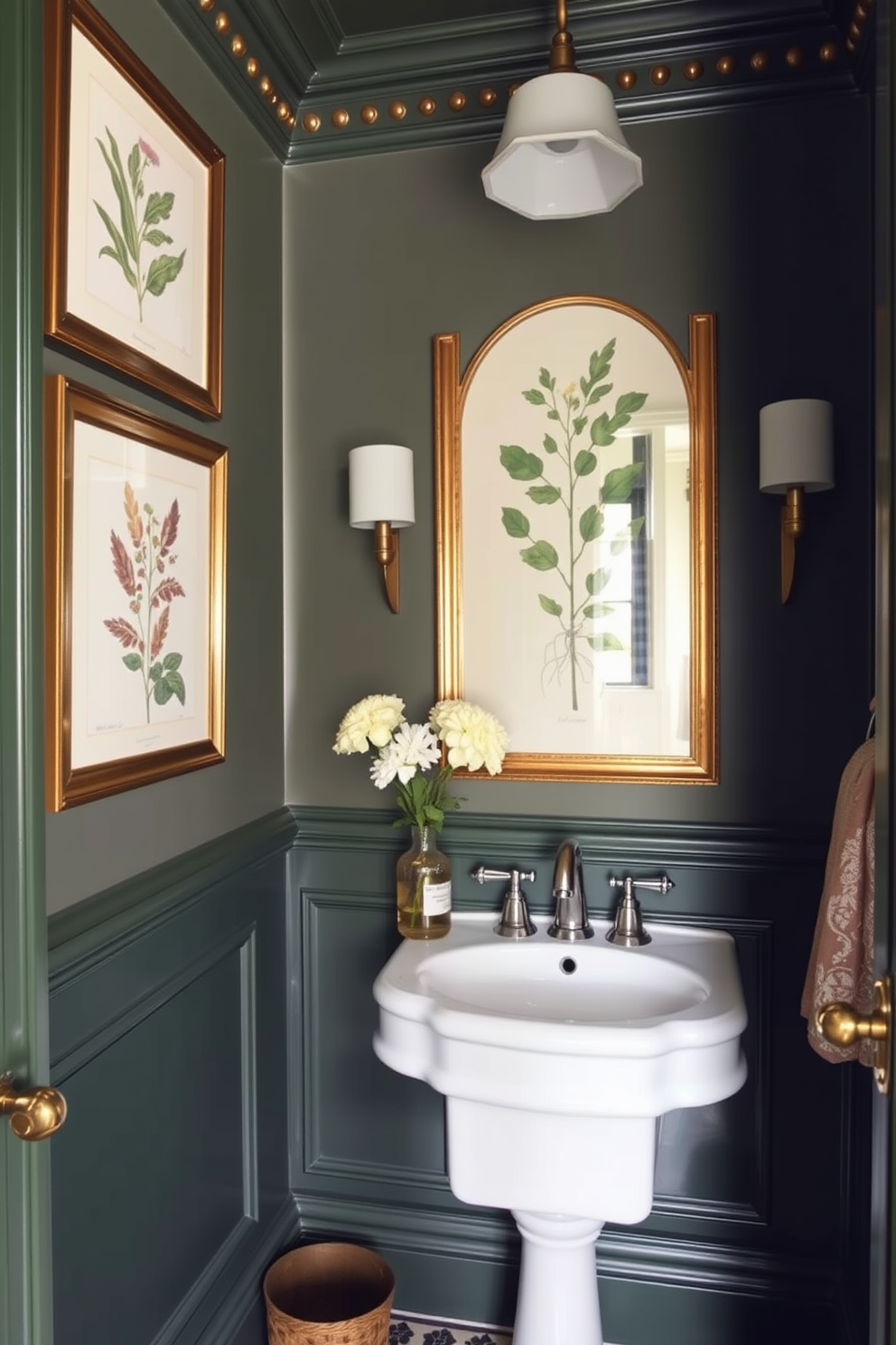 Framed botanical prints adorn the walls of a Victorian powder room, adding a touch of nature to the elegant space. The room features intricate moldings and a vintage pedestal sink, complemented by a rich color palette of deep greens and gold accents.