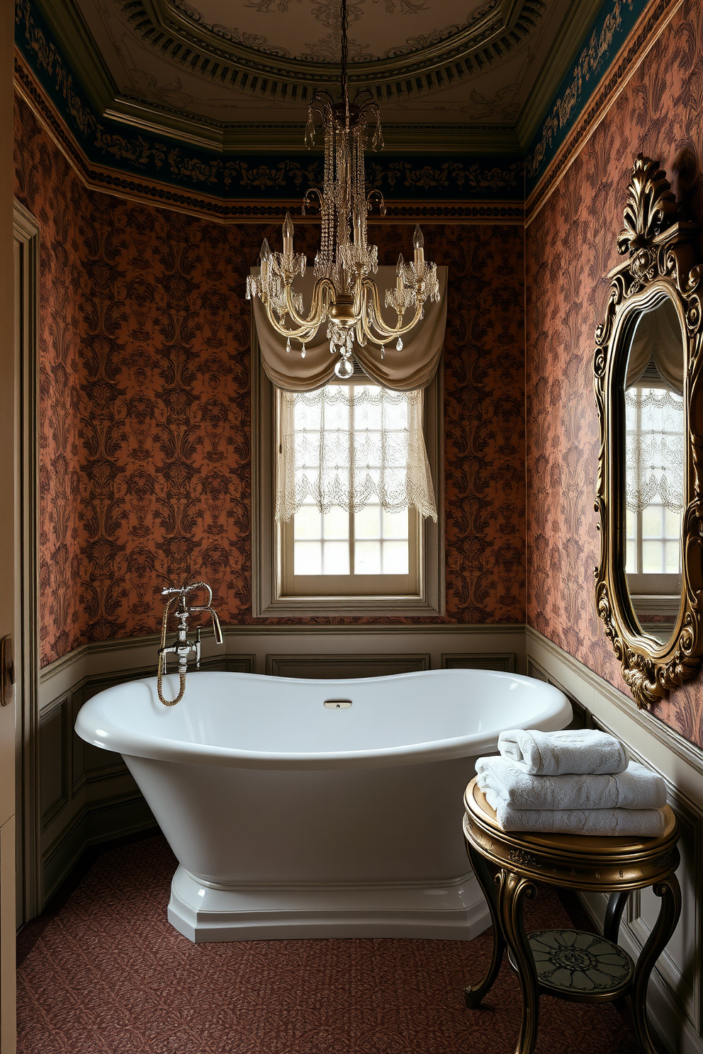 A luxurious freestanding bathtub takes center stage in an elegant Victorian powder room. The room features ornate wallpaper in rich hues, intricate moldings, and a vintage chandelier hanging gracefully above the tub. Plush towels are neatly arranged on a nearby antique stool, while a delicate lace curtain filters soft light from a window. A decorative mirror with an ornate frame reflects the beauty of the space, enhancing the overall opulence of the design.