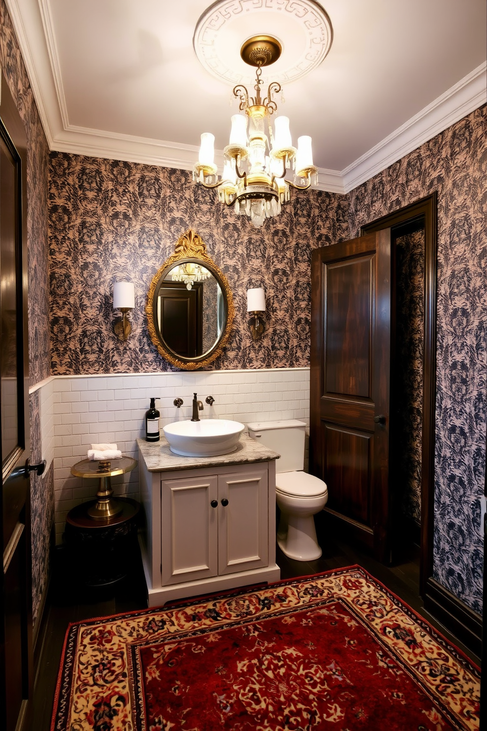 Elegant area rug in rich textures. The powder room features intricate wallpaper and a vintage chandelier that adds a touch of glamour.