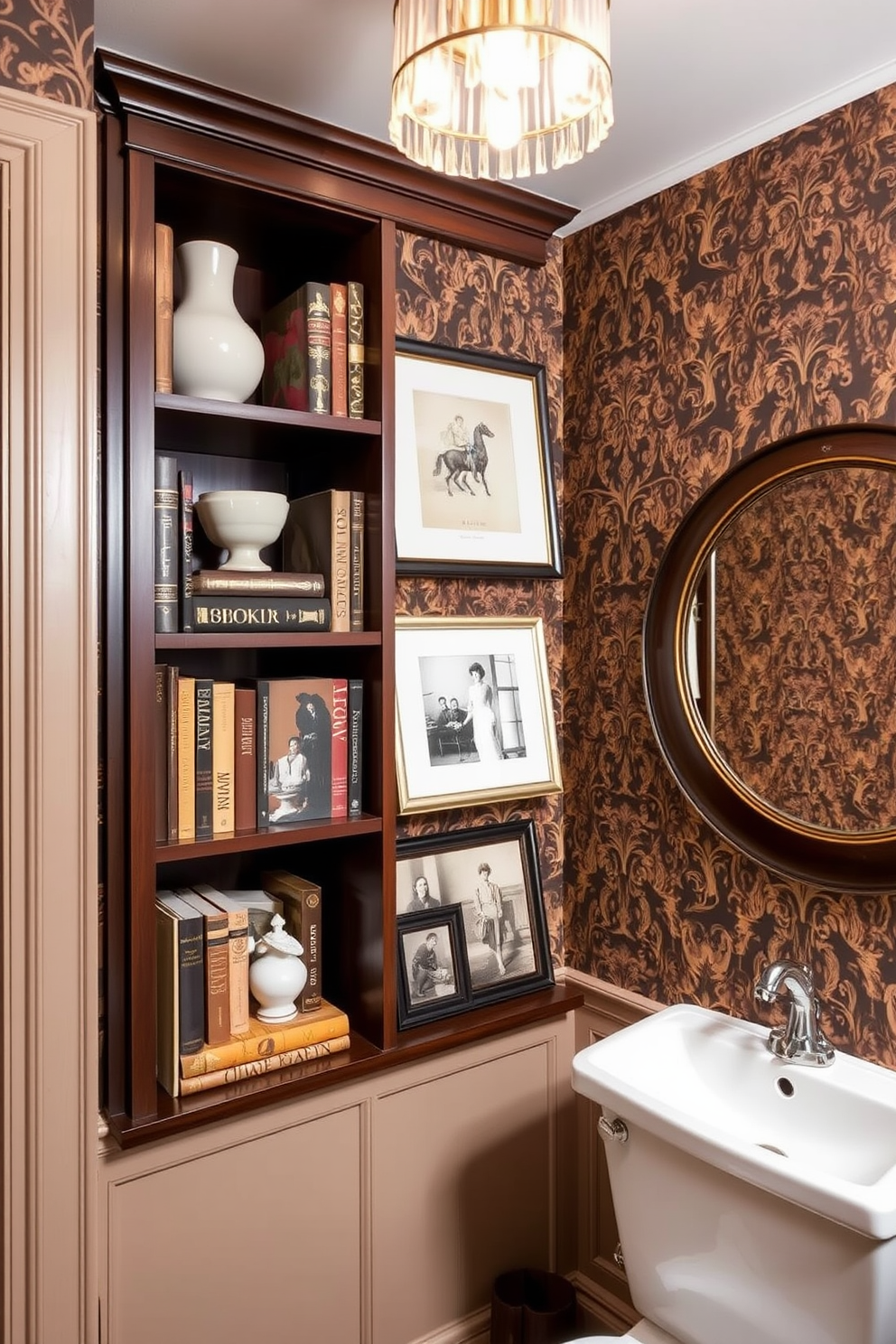 A stylish corner shelving unit made of dark wood showcases an array of decorative items including vintage books, elegant vases, and framed photographs. The powder room features intricate Victorian wallpaper in rich colors, with a small chandelier providing warm ambient lighting above the shelving.