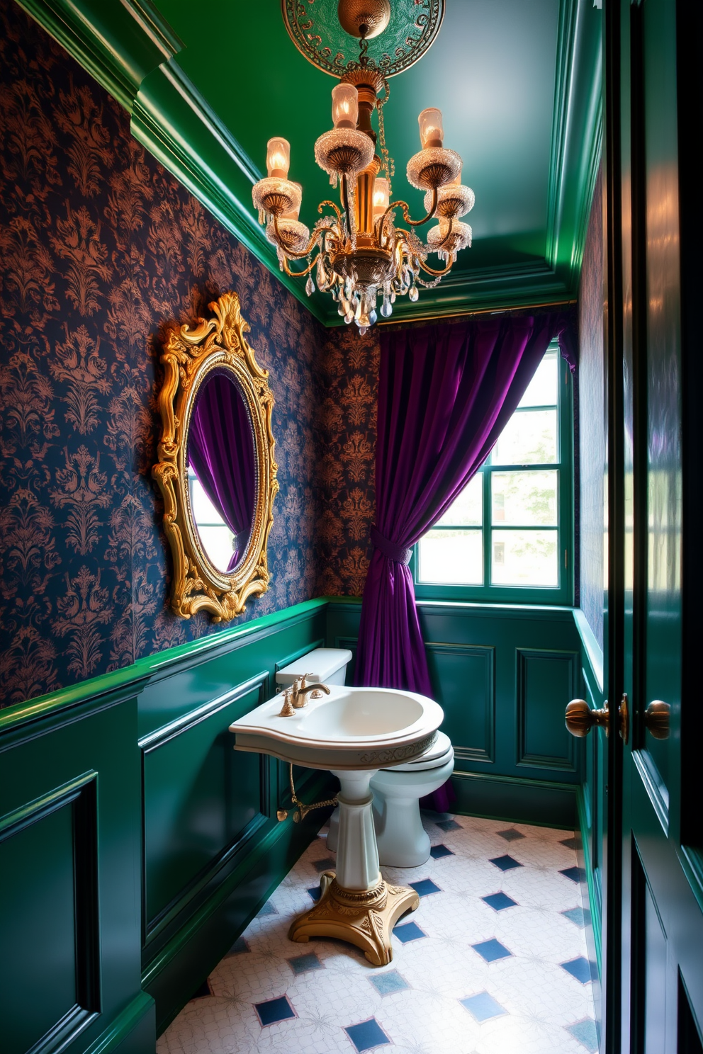 A Victorian powder room featuring a bold color palette with deep jewel tones. The walls are adorned with rich emerald green wallpaper and gold accents, creating an opulent atmosphere. A vintage pedestal sink with intricate detailing sits against one wall, complemented by a lavish chandelier above. Plush velvet drapes in royal purple frame the window, adding a touch of elegance to the space.