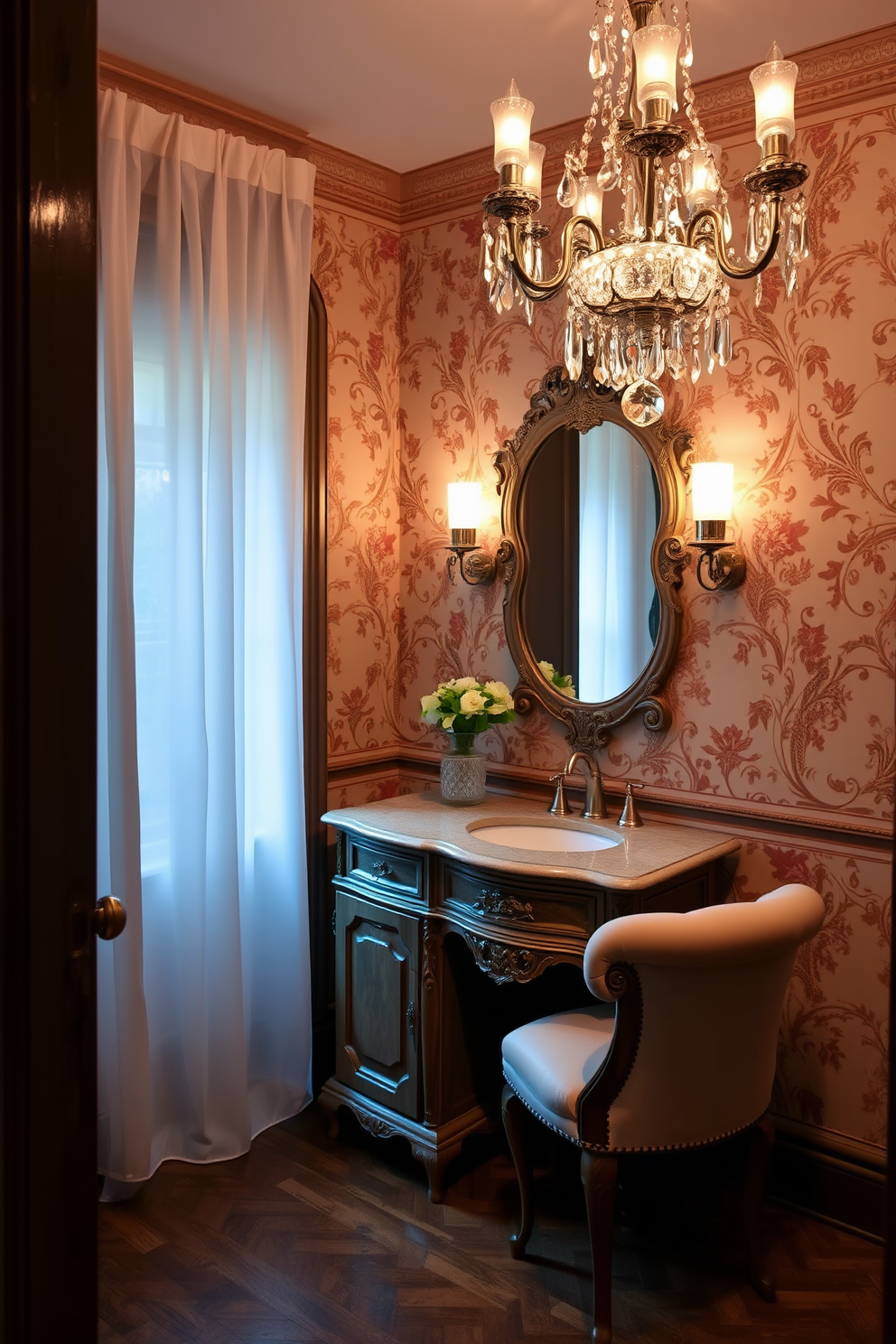 A unique vintage vanity with ornate details serves as the focal point of a Victorian powder room. The walls are adorned with intricate wallpaper featuring floral patterns, and a crystal chandelier hangs elegantly from the ceiling. Soft, ambient lighting creates a warm atmosphere, highlighting the rich wood tones of the vanity. A plush, tufted bench is placed nearby, inviting guests to sit and enjoy the luxurious surroundings.