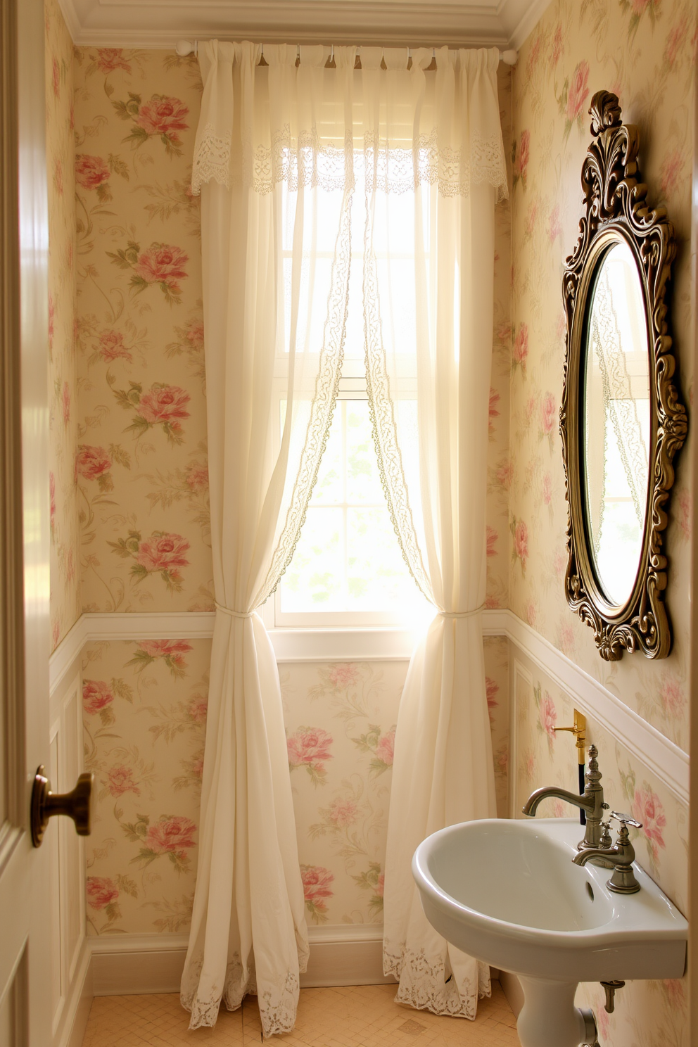 A charming Victorian powder room features delicate lace curtains that filter soft natural light into the space. The walls are adorned with floral wallpaper in pastel hues, complemented by a vintage pedestal sink and an ornate mirror with intricate detailing.