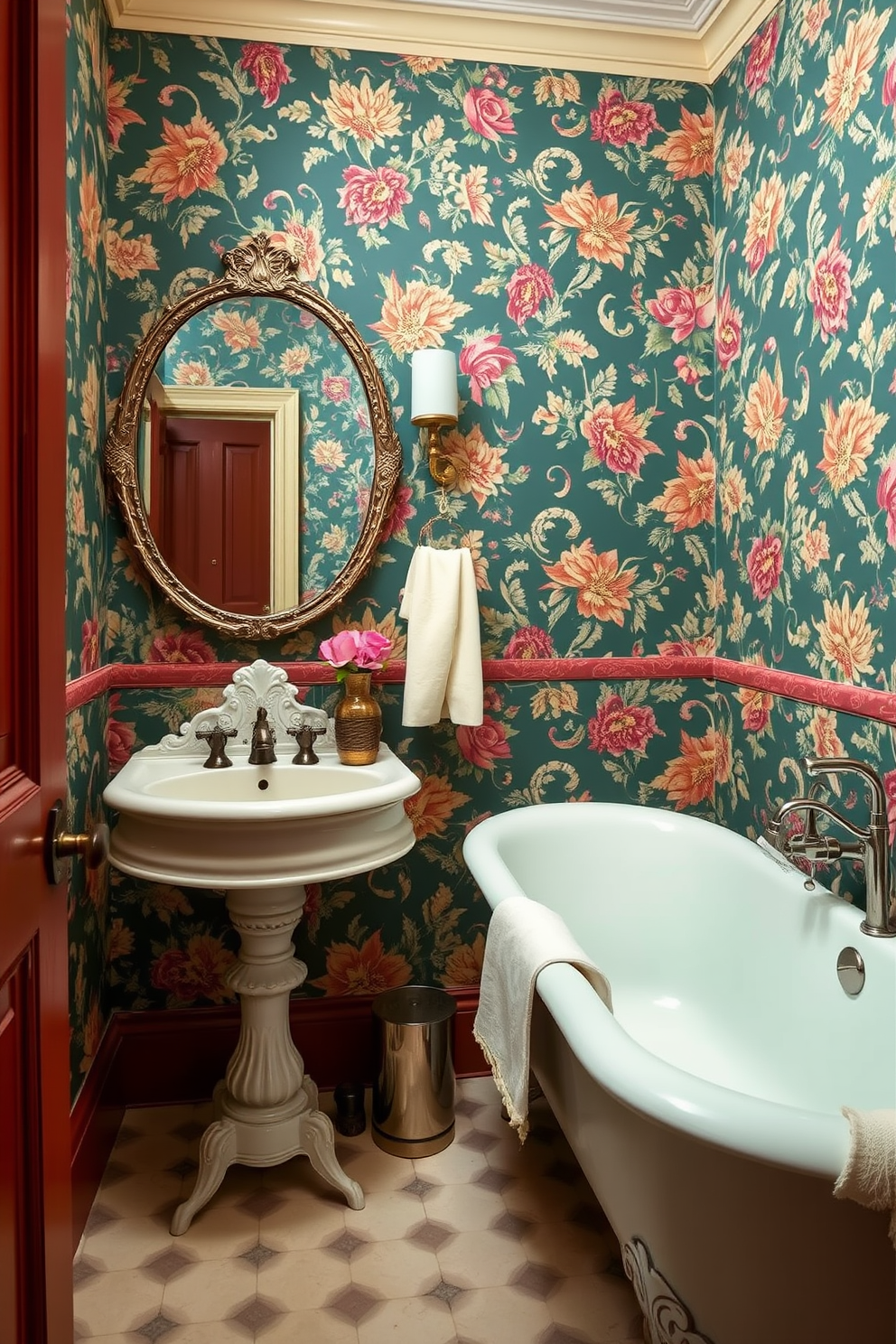 A Victorian powder room adorned with intricate floral wallpaper that envelops the walls in rich colors. The space features a vintage pedestal sink with ornate detailing and a classic clawfoot bathtub positioned against the wall.