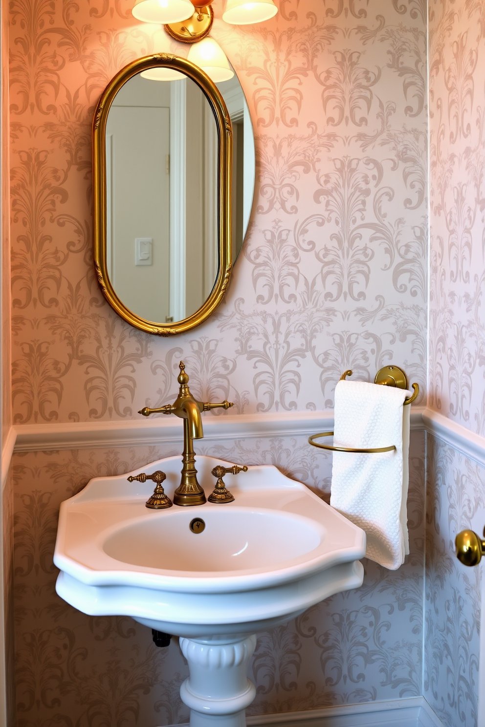 A classic Victorian powder room features an ornate soap dish and towel holder set crafted from polished brass. The walls are adorned with intricate wallpaper in soft pastels, complemented by a vintage pedestal sink with elegant curves.