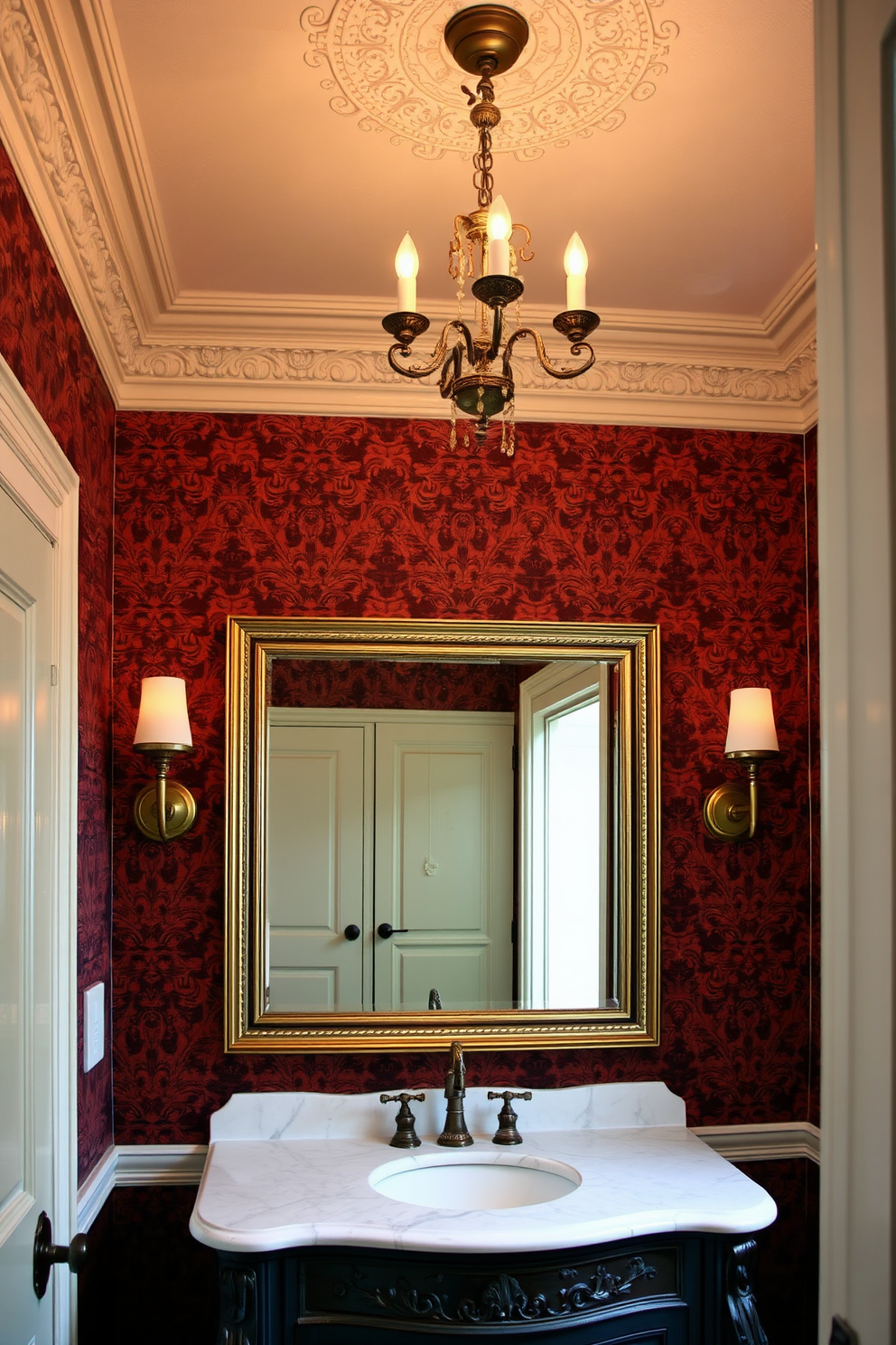 A Victorian powder room features intricate decorative molding along the ceiling edge, creating a sense of elegance and grandeur. The walls are adorned with rich wallpaper in deep hues, complemented by a vintage chandelier that casts a warm glow throughout the space. The vanity is a classic piece with ornate detailing, topped with a polished marble surface. A large, framed mirror hangs above the vanity, reflecting the opulence of the room while stylish sconces provide additional lighting.