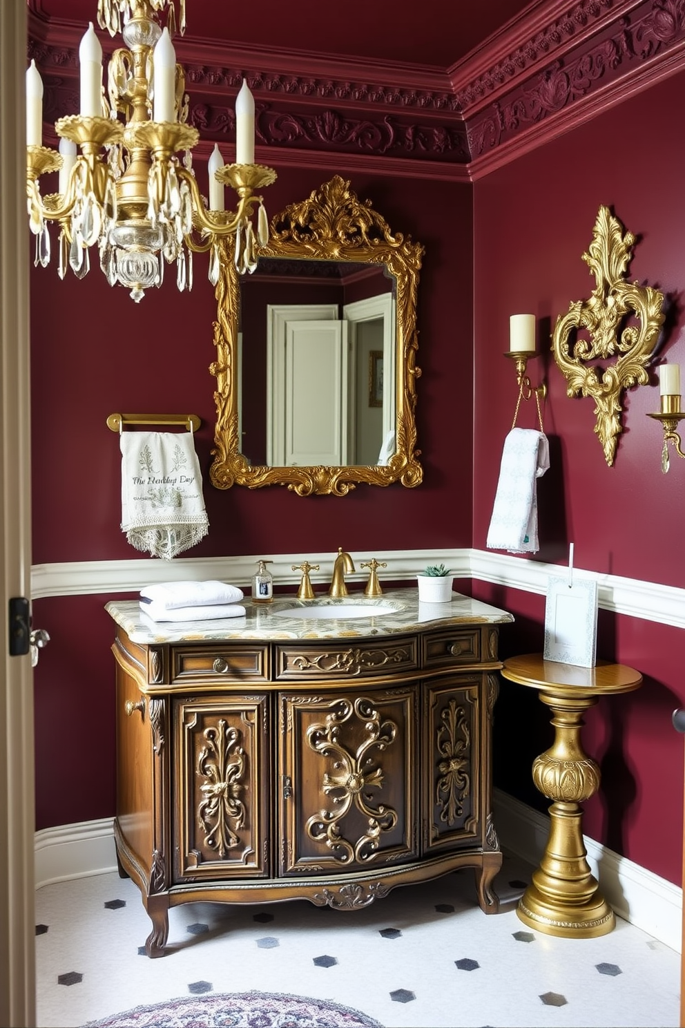 Antique washstand with intricate carvings serves as a stylish storage solution in a Victorian powder room. The space features rich burgundy walls, a vintage chandelier, and ornate gold accents throughout.