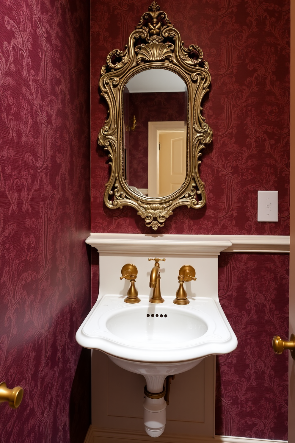 A stylish wall-mounted sink is the focal point of this space-saving Victorian powder room. The sink features intricate detailing and is complemented by elegant brass fixtures that enhance the room's vintage charm. The walls are adorned with rich, textured wallpaper in deep hues, creating a warm and inviting atmosphere. A small antique mirror hangs above the sink, reflecting the ornate elements of the design while maximizing the sense of space.