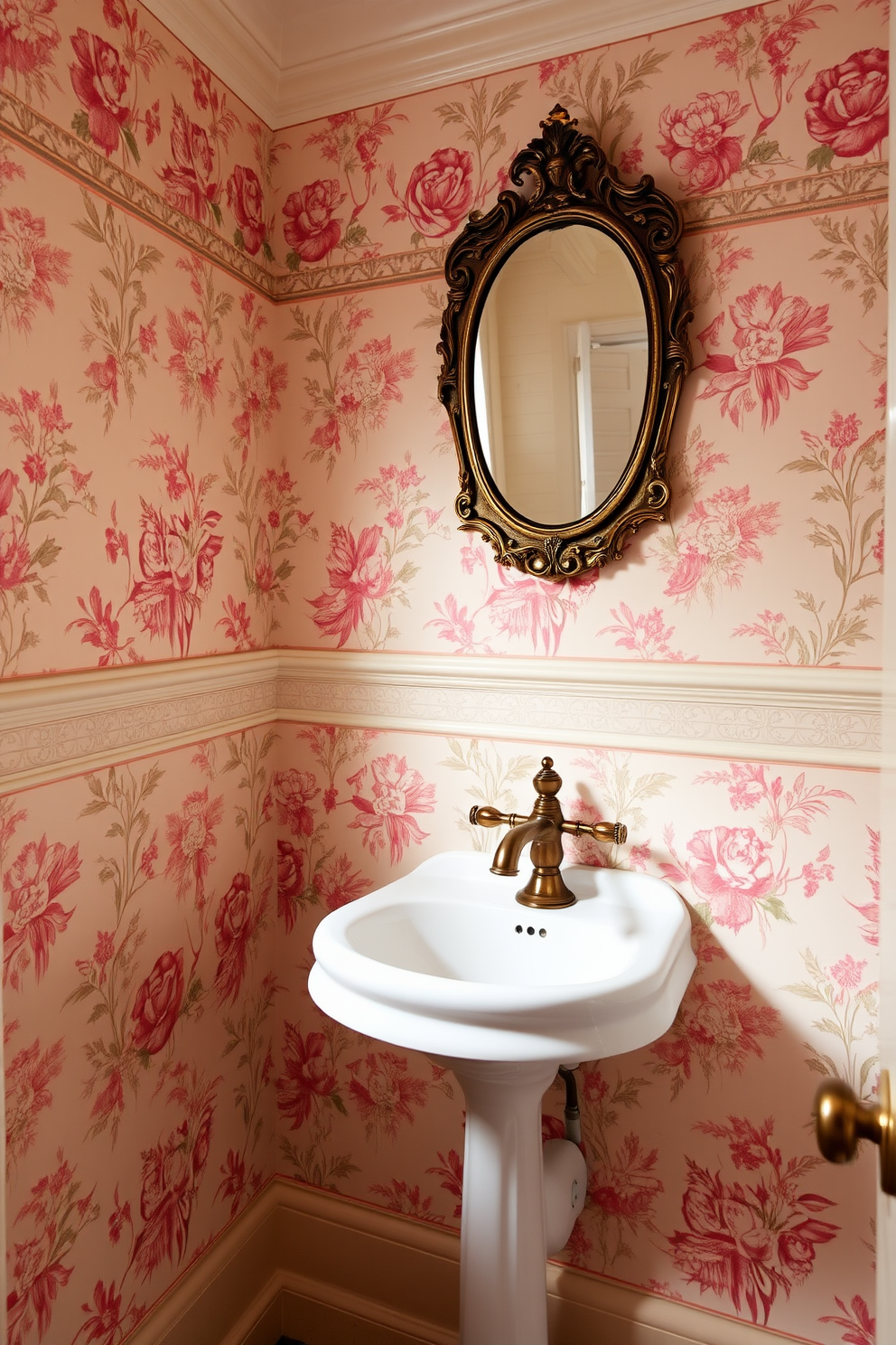 A charming Victorian powder room features vintage-inspired wallpaper border that adds a touch of elegance and nostalgia. The walls are adorned with intricate floral patterns in soft pastel colors, creating a warm and inviting atmosphere. A classic pedestal sink sits against one wall, complemented by a polished brass faucet that enhances the vintage aesthetic. To complete the look, a small antique mirror hangs above the sink, reflecting the beautiful details of the room.