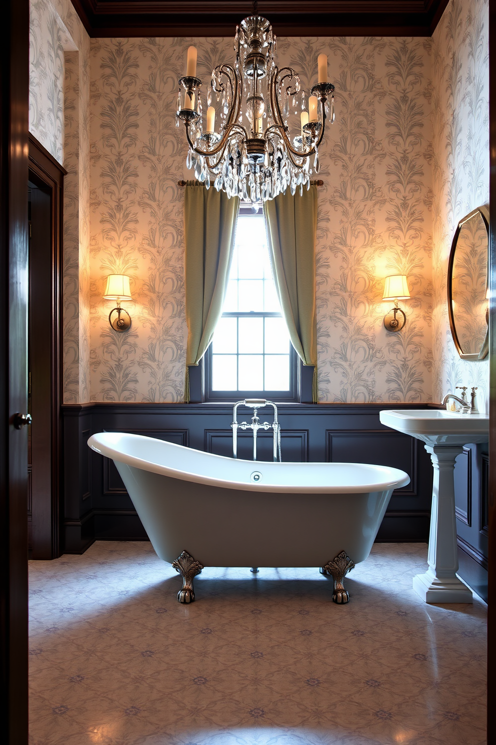 Classic clawfoot bathtub with a sleek modern finish sits prominently in the center of the Victorian powder room. Elegant wall sconces illuminate the space, highlighting the intricate wallpaper and a vintage-style chandelier above. A pedestal sink with a polished chrome faucet complements the bathtub, adding a contemporary touch to the traditional design. Rich, dark wood accents contrast beautifully with the soft pastel color palette, creating a warm and inviting atmosphere.