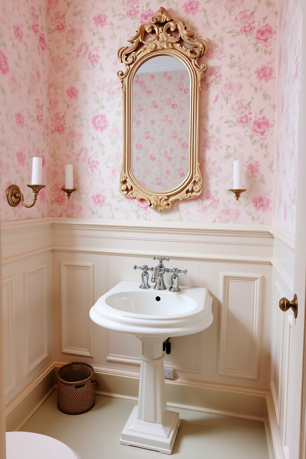 A Victorian powder room featuring subtle pastel colors that create a calming ambiance. The walls are adorned with delicate floral wallpaper in soft pink and mint green tones, complemented by ornate white wainscoting. A vintage pedestal sink with a polished chrome faucet sits against one wall, surrounded by elegant sconces that provide warm lighting. An antique mirror with a decorative frame hangs above the sink, reflecting the charming details of the room.