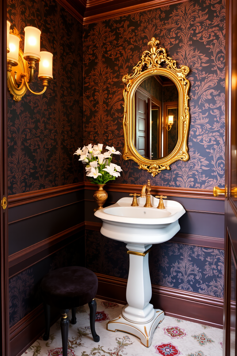 A Victorian powder room featuring elegant brass accents throughout the space. The walls are adorned with intricate wallpaper in deep jewel tones, and the lighting fixtures are ornate with a warm brass finish. A vintage pedestal sink takes center stage, complemented by a stylish brass faucet. Luxurious touches include a plush velvet stool and an antique mirror with a gilded frame reflecting the opulent decor.