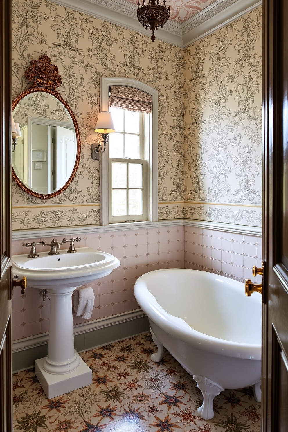 A charming Victorian powder room featuring hand-painted tiles that add a unique artistic flair. The walls are adorned with intricate wallpaper, complemented by a vintage pedestal sink and a classic clawfoot bathtub.