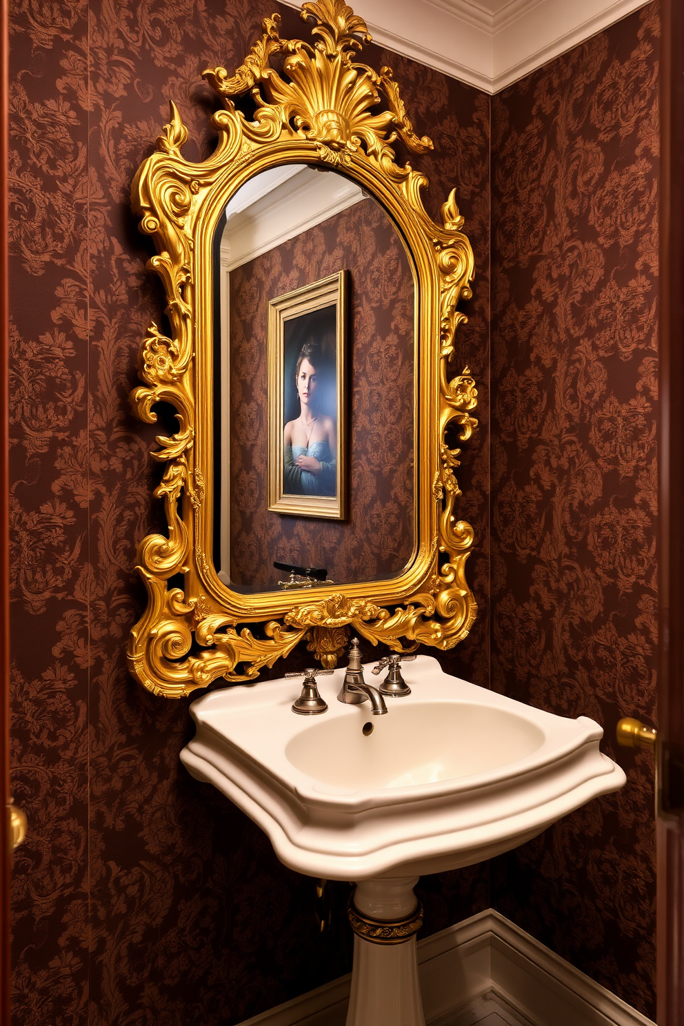 An elegant Victorian powder room features an ornate mirror framed in gold leaf, reflecting the intricate details of the space. The walls are adorned with rich, textured wallpaper in deep hues, complemented by a vintage pedestal sink and a polished brass faucet.