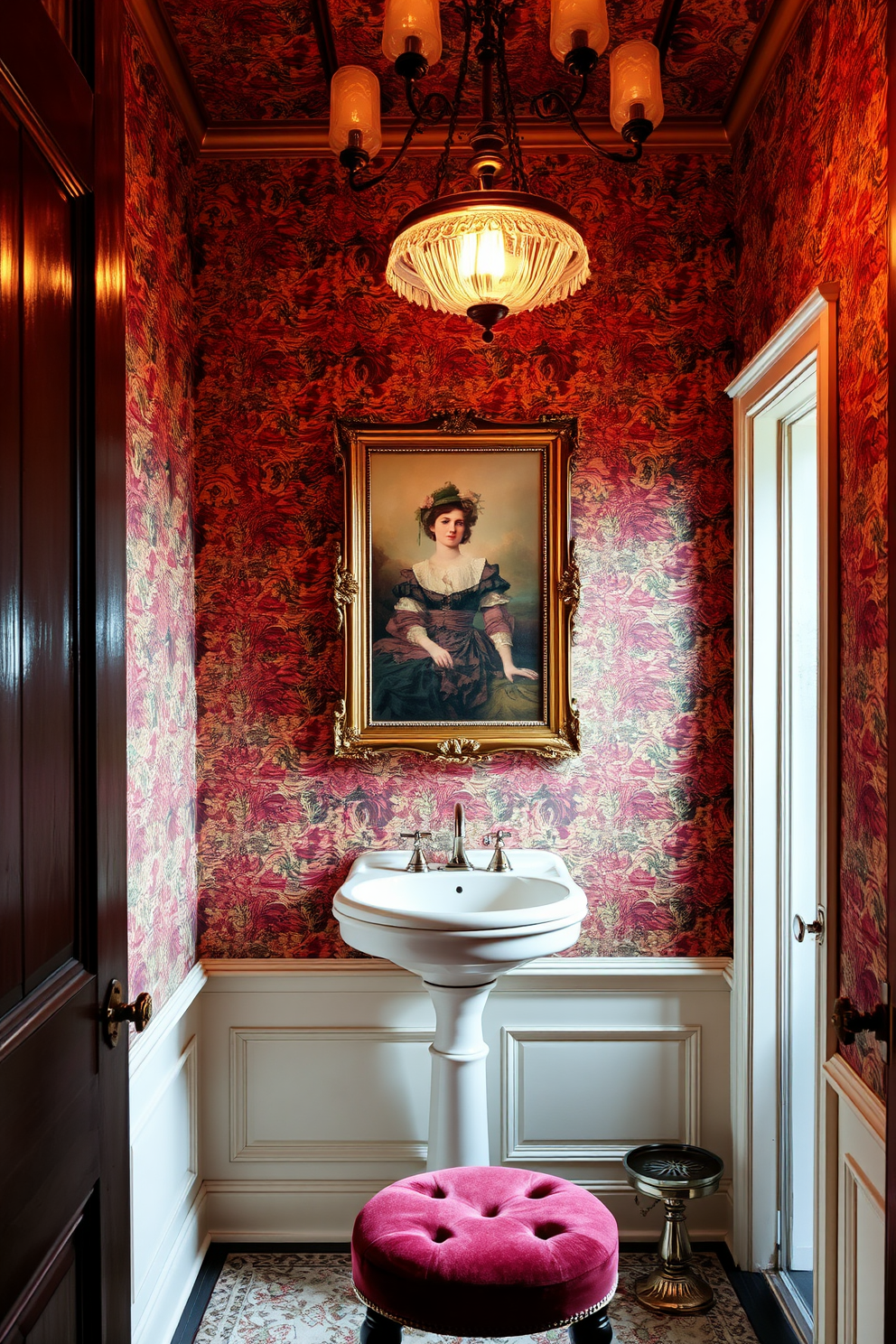 A Victorian powder room adorned with intricate wallpaper featuring floral patterns in rich hues. The space is enhanced by a vintage chandelier that casts a warm glow over the room. A beautifully framed Victorian-style artwork hangs above a classic pedestal sink, adding a touch of elegance. The room is completed with ornate fixtures and a plush velvet stool for a luxurious feel.