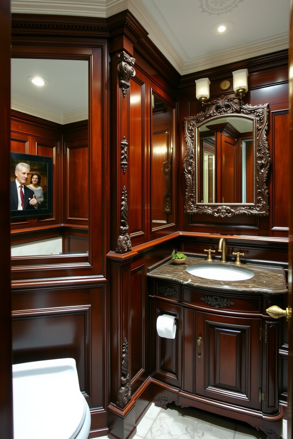 Rich mahogany cabinetry with detailed carvings creates an opulent atmosphere in the Victorian powder room. The intricate moldings and antique brass fixtures complement the deep, rich tones of the wood, enhancing the luxurious feel of the space.