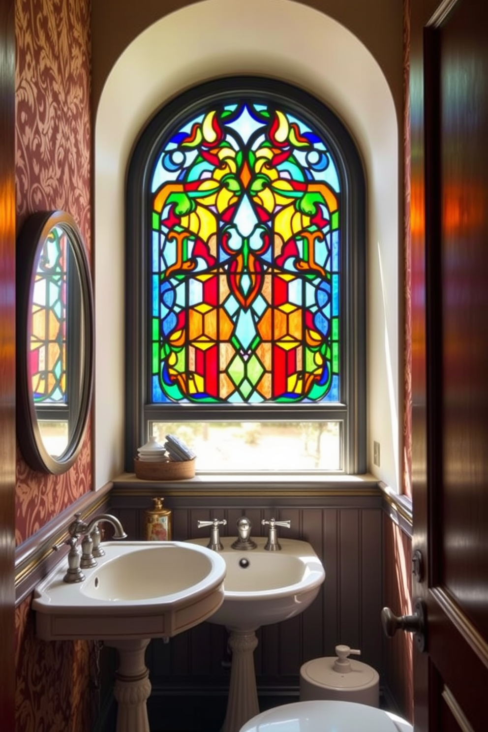 A Victorian powder room featuring a stunning stained glass window that casts colorful light across the space. The walls are adorned with intricate wallpaper in rich hues, complementing the elegant fixtures and antique furnishings.