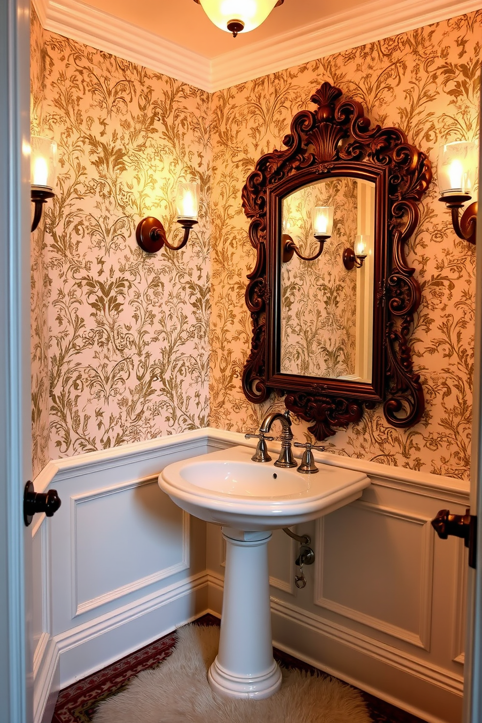 A charming Victorian powder room features elegant sconces with warm lighting, casting a soft glow across the space. The walls are adorned with intricate wallpaper, showcasing a classic floral pattern that complements the vintage aesthetic. The room includes a pedestal sink with a polished chrome faucet and a decorative mirror framed in ornate detailing. A plush area rug lies beneath, adding a touch of comfort and color to the beautifully designed interior.