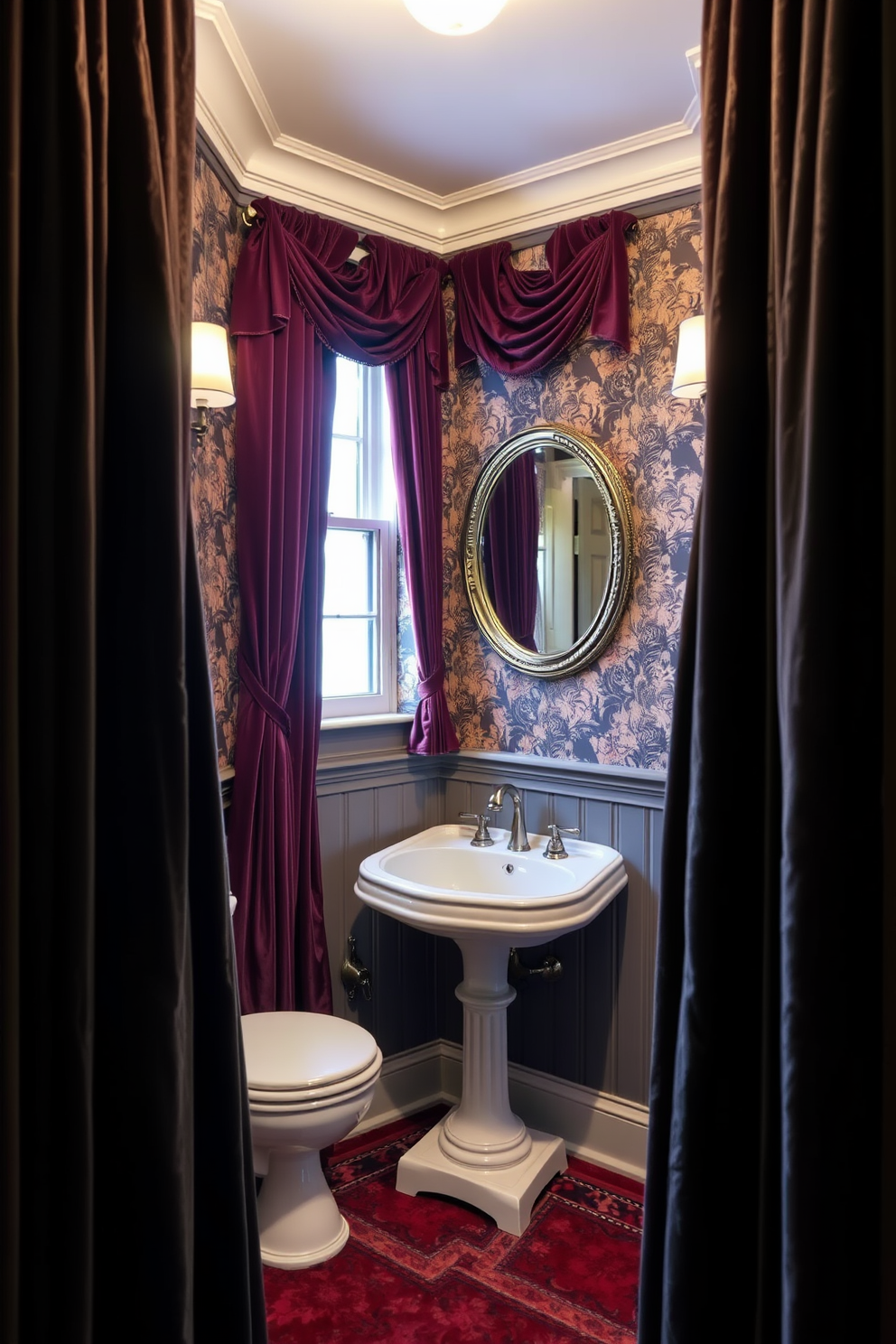 Lush velvet drapes in deep hues frame a stunning Victorian powder room. The walls are adorned with intricate wallpaper, and a vintage pedestal sink adds elegance to the space.