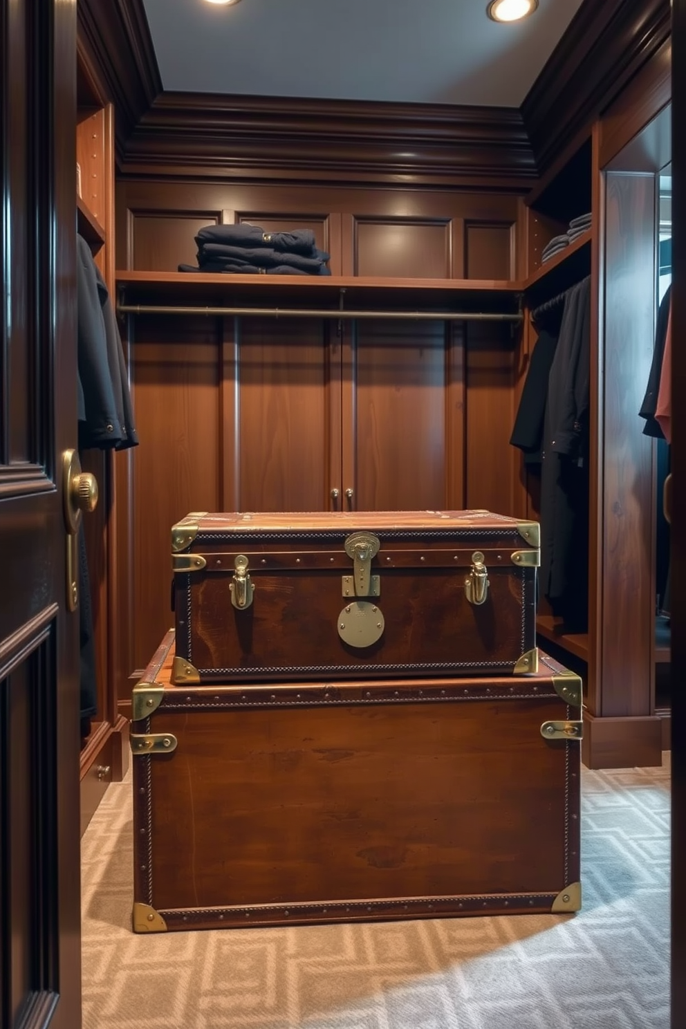 A vintage trunk serves as a unique storage solution in a luxurious Victorian walk-in closet. The trunk is adorned with intricate brass fittings and rich leather accents, blending seamlessly with the elegant wood paneling and plush carpet of the space.