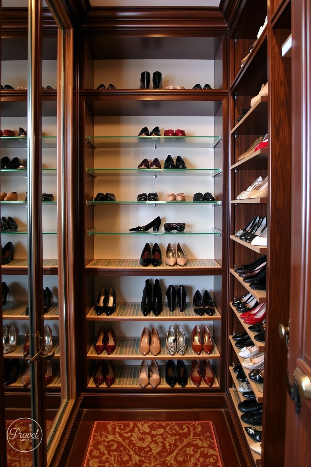 A luxurious Victorian walk-in closet features custom shoe racks designed for easy access. The racks are crafted from rich mahogany, elegantly displaying an array of designer shoes against a backdrop of plush velvet upholstery.