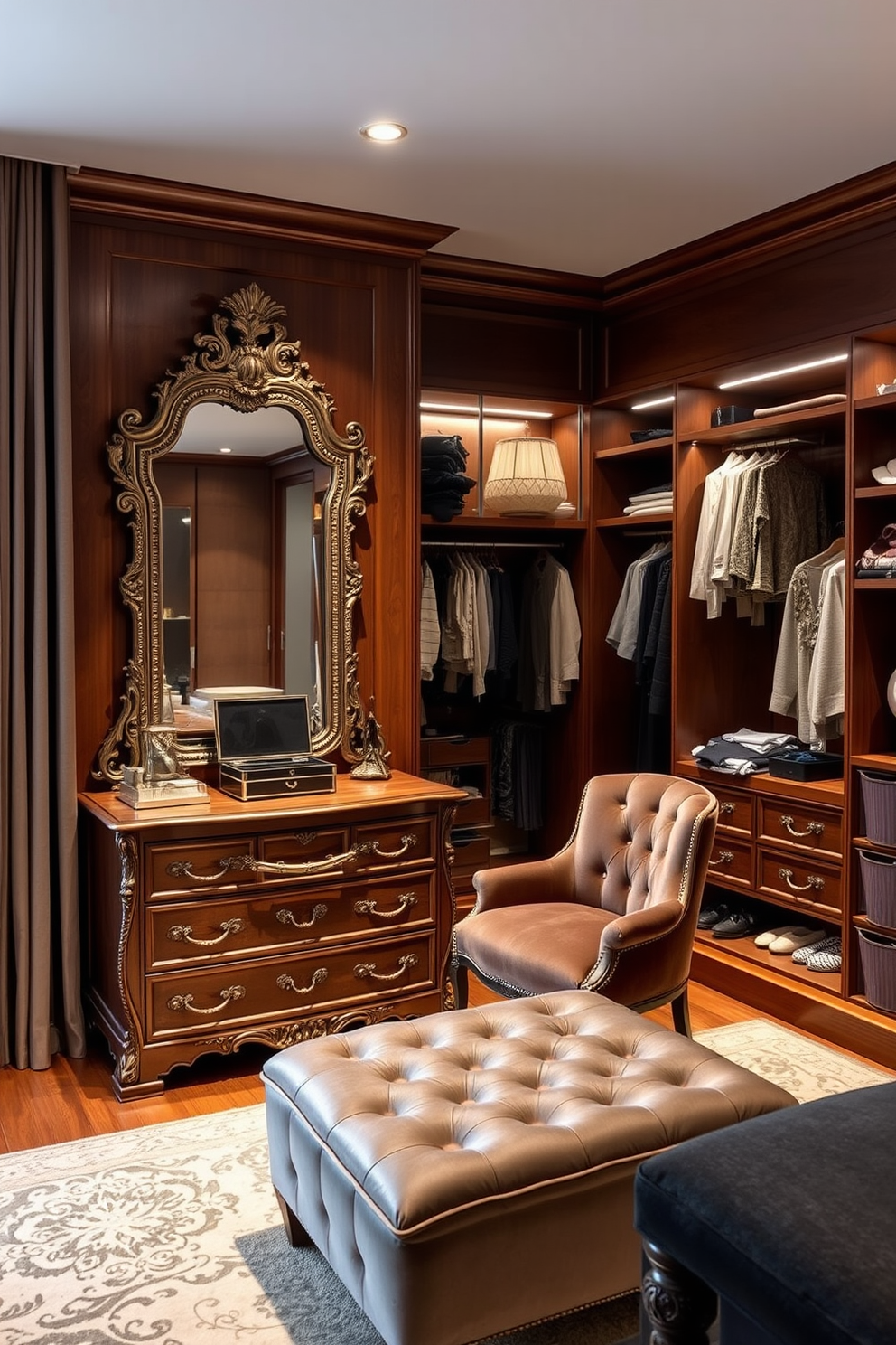 A luxurious dressing table is set against the wall, featuring an ornate mirror with intricate carvings and a vintage finish. The table is adorned with elegant accessories such as a jewelry box and a plush velvet chair, creating a sophisticated atmosphere. The walk-in closet is spacious and well-organized, with custom shelving and hanging spaces for clothing and accessories. Soft lighting highlights the rich wood finishes and a stylish ottoman sits in the center, inviting relaxation and easy outfit selection.